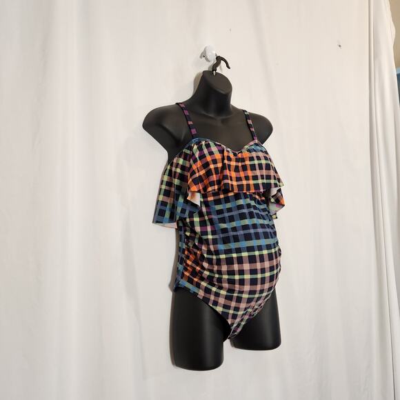 BEACH BUMP by MOTHERHOOD MATERNITY Black Multi Gingham Plaid 1 pc Medium FLAWED - Picture 1 of 11